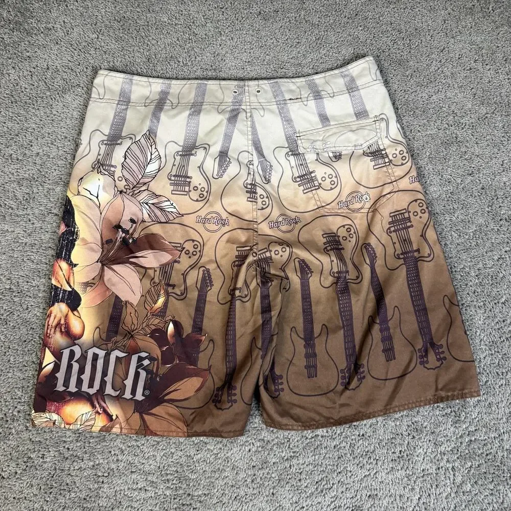 Hard Rock Board Shorts Mens 38 Brown Floral Bathing Suit Drawstring Pockets